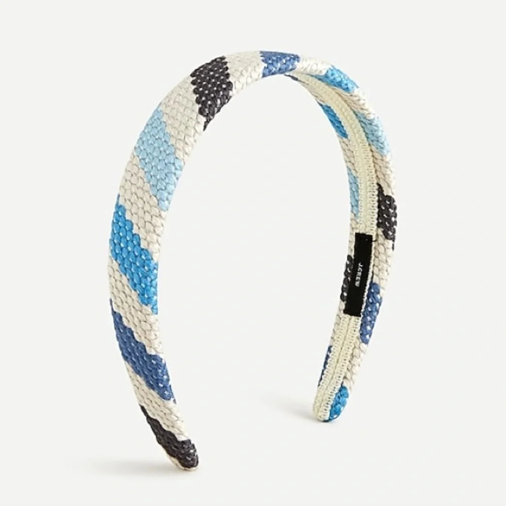 J Crew Woven straw not padded headband in blue stripe nwt academiacore